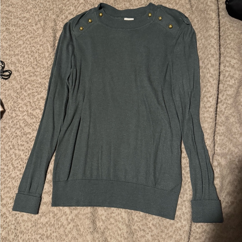 H&M Green Crew Neck Sweater with Gold Button Accents
